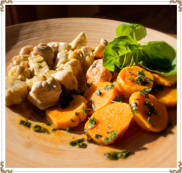 Photo recipe Orange and Ginger Chicken
served with sweet potatoes flavoured with mint and basil
gluten-free, dairy-free (casein-free) and hypotoxic
By: Cuisine l'Angélique
