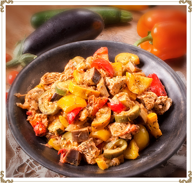 Recette de Ratatouille au poulet (ou au fèves rouges) sans gluten et sans produits laitiers de Cuisine l'Angélique.
