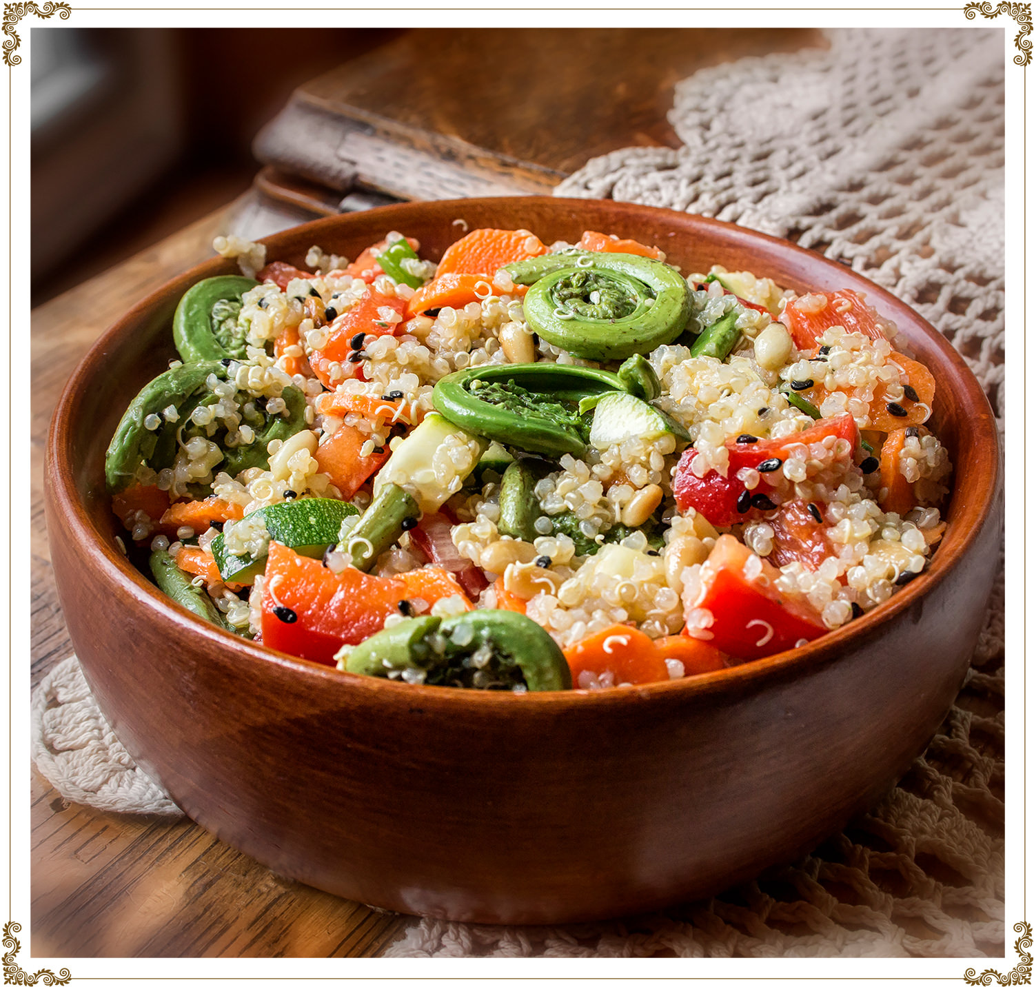 Recette de Salade asiatique de quinoa et têtes de violon (ou asperges) sans gluten et sans produits laitiers de Cuisine l'Angélique.