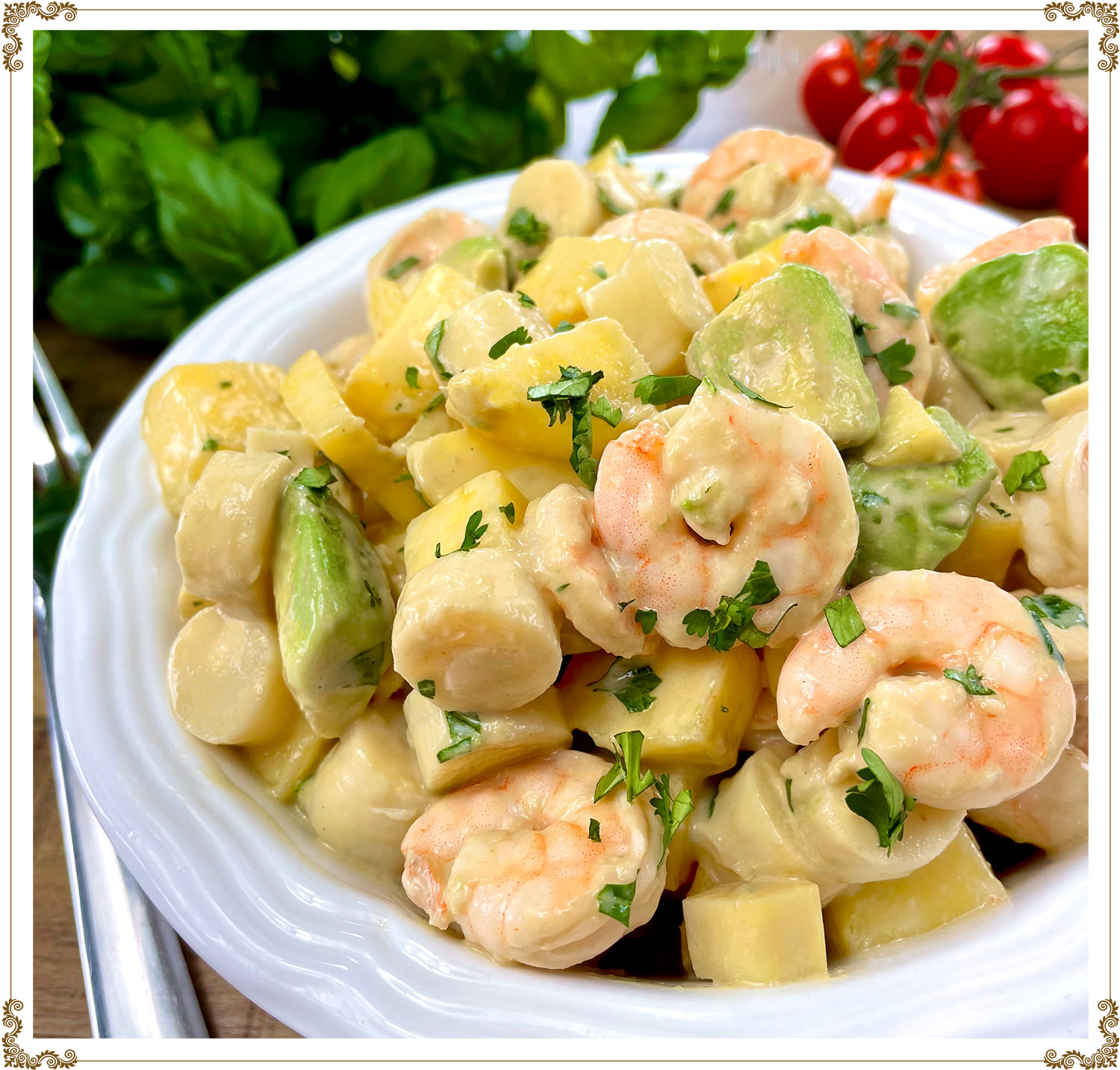 Recette de Salade de cœurs de palmier, crevettes et mangue sans gluten et sans produits laitiers de Cuisine l'Angélique.