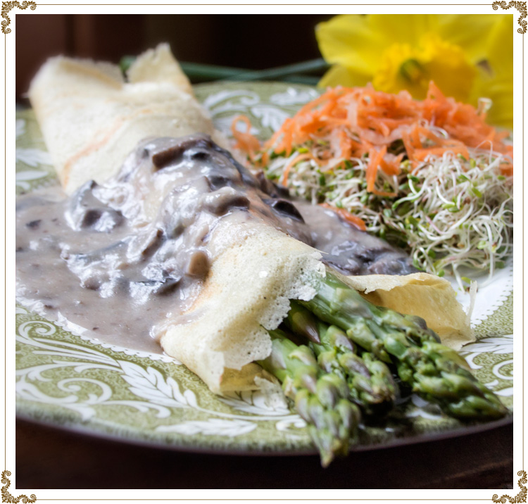 Breton Pancakes Stuffed with Asparagus
(with a delicate mushroom sauce)gluten-free, dairy-free (casein-free) and hypotoxic By: Caroline Roy

